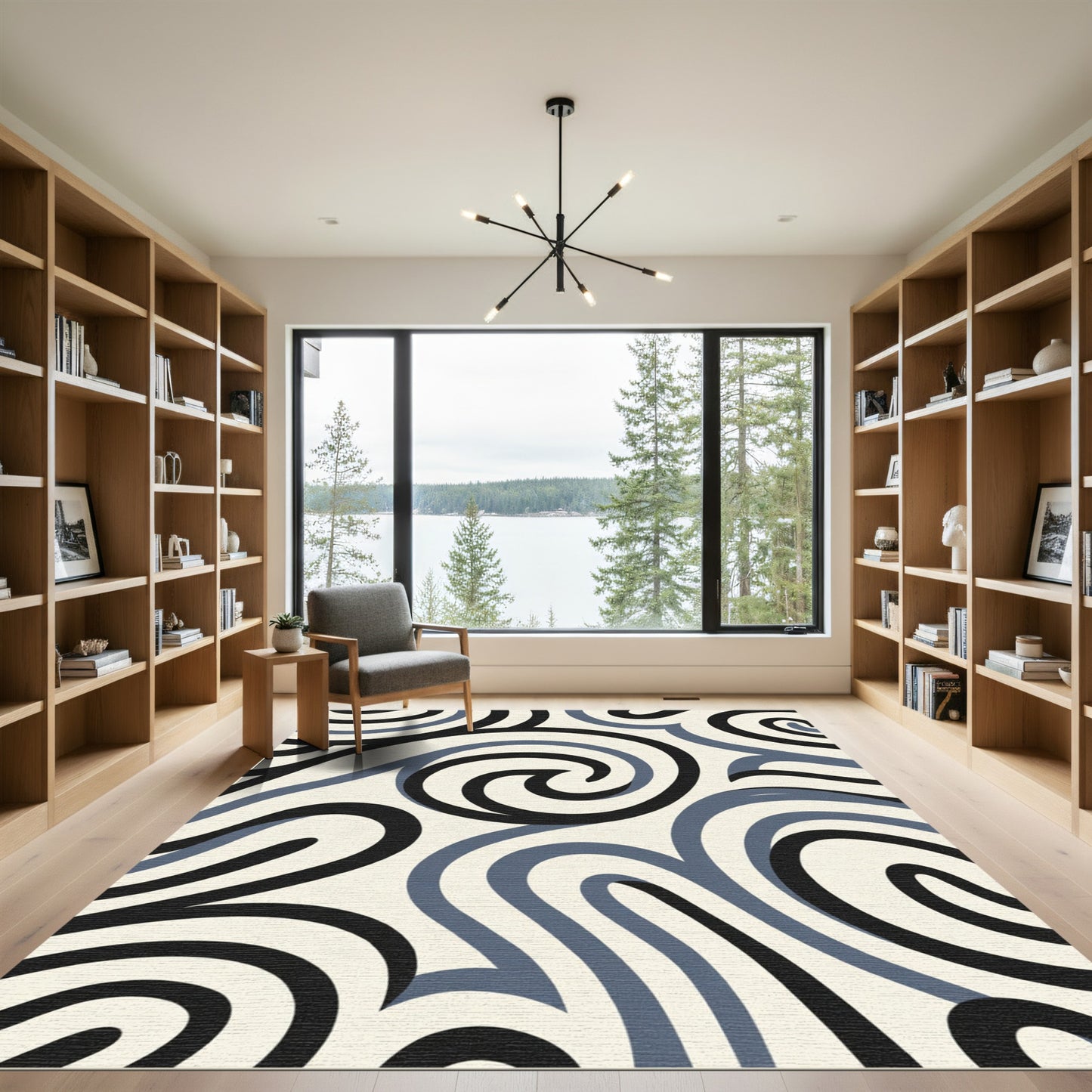 Cream Blue Black Swirling Lines Rug