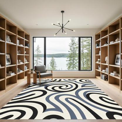 Cream Blue Black Swirling Lines Rug