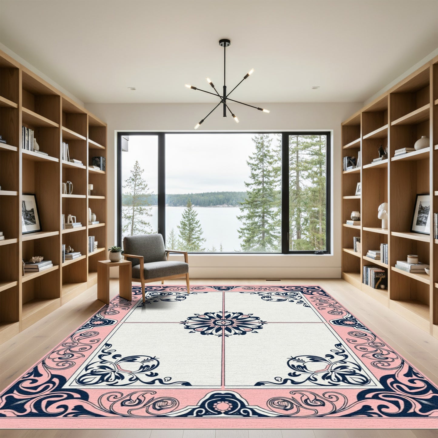 Pink Navy Floral Art Nouveau Border Rug