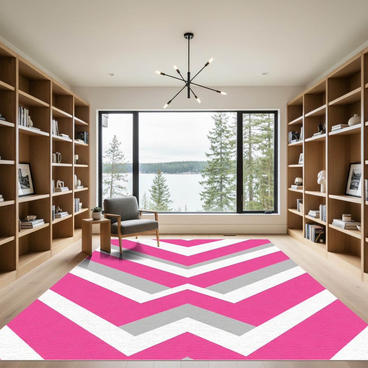 Hot Pink Gray Chevron Stripes Rug