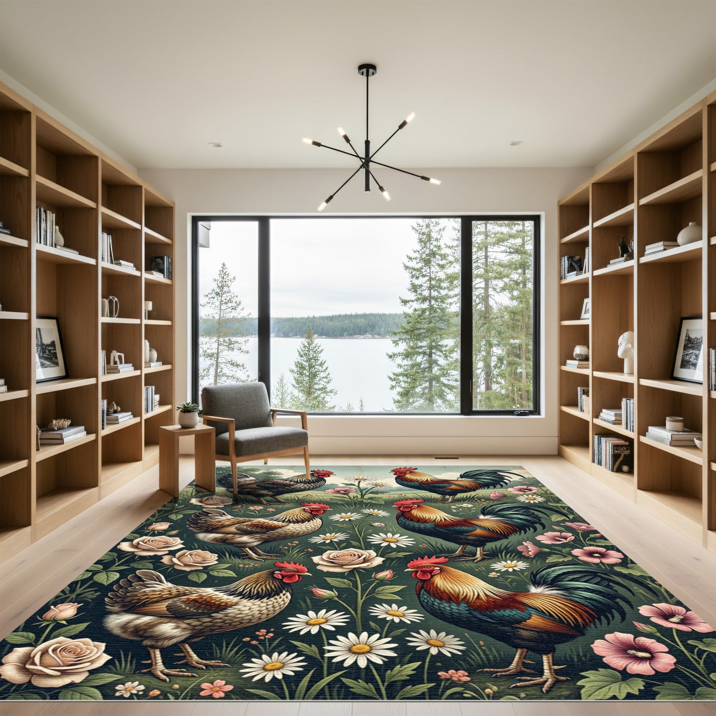 Rooster and Wildflower Folk Art Illustration Rug