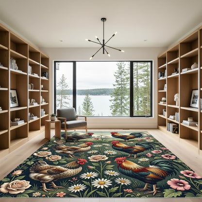 Rooster and Wildflower Folk Art Illustration Rug