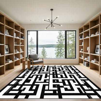 Bold Black White Interlocking Lines Rug