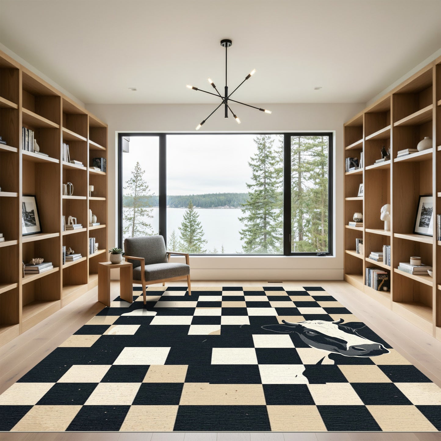 Minimalist Monochromatic Cow Abstract Checkered Art Rug