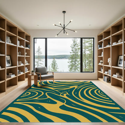 Deep Teal Yellow Swirl Flow Rug