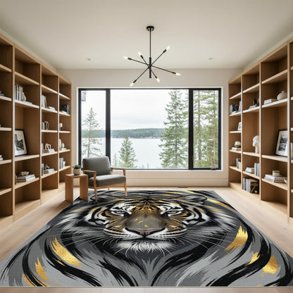 Majestic Gold And Charcoal Tiger Portrait Rug