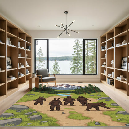 Woodland Bears Mountain Landscape Scene Rug