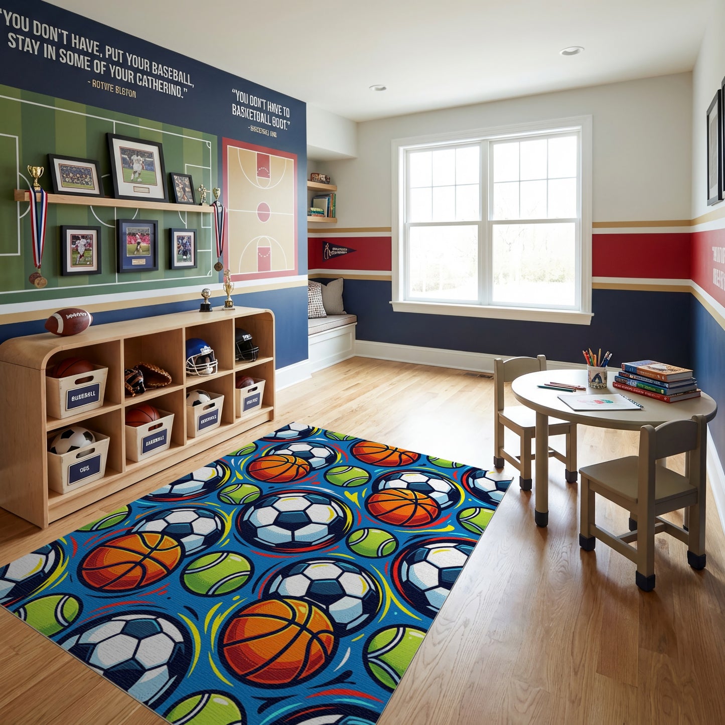 Vibrant Basketball Soccer Tennis Balls Rug