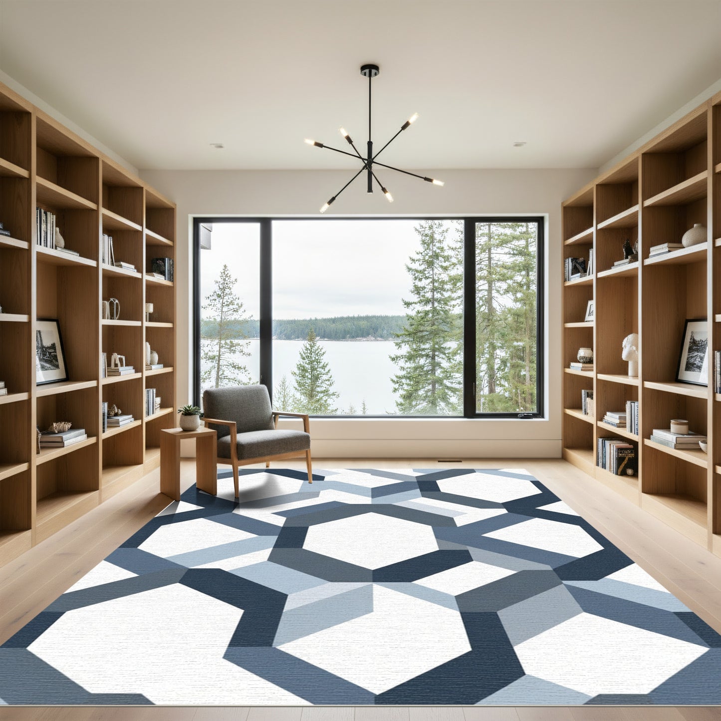 Geometric Hexagon Blue Slate Rug