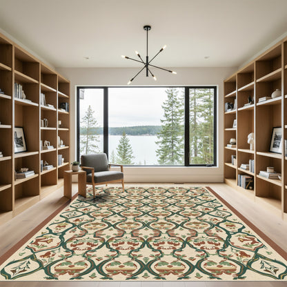 Earthy Green Tan Animal Medallion Rug