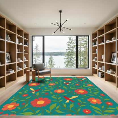 Coral Red Hummingbirds Garden Teal Rug
