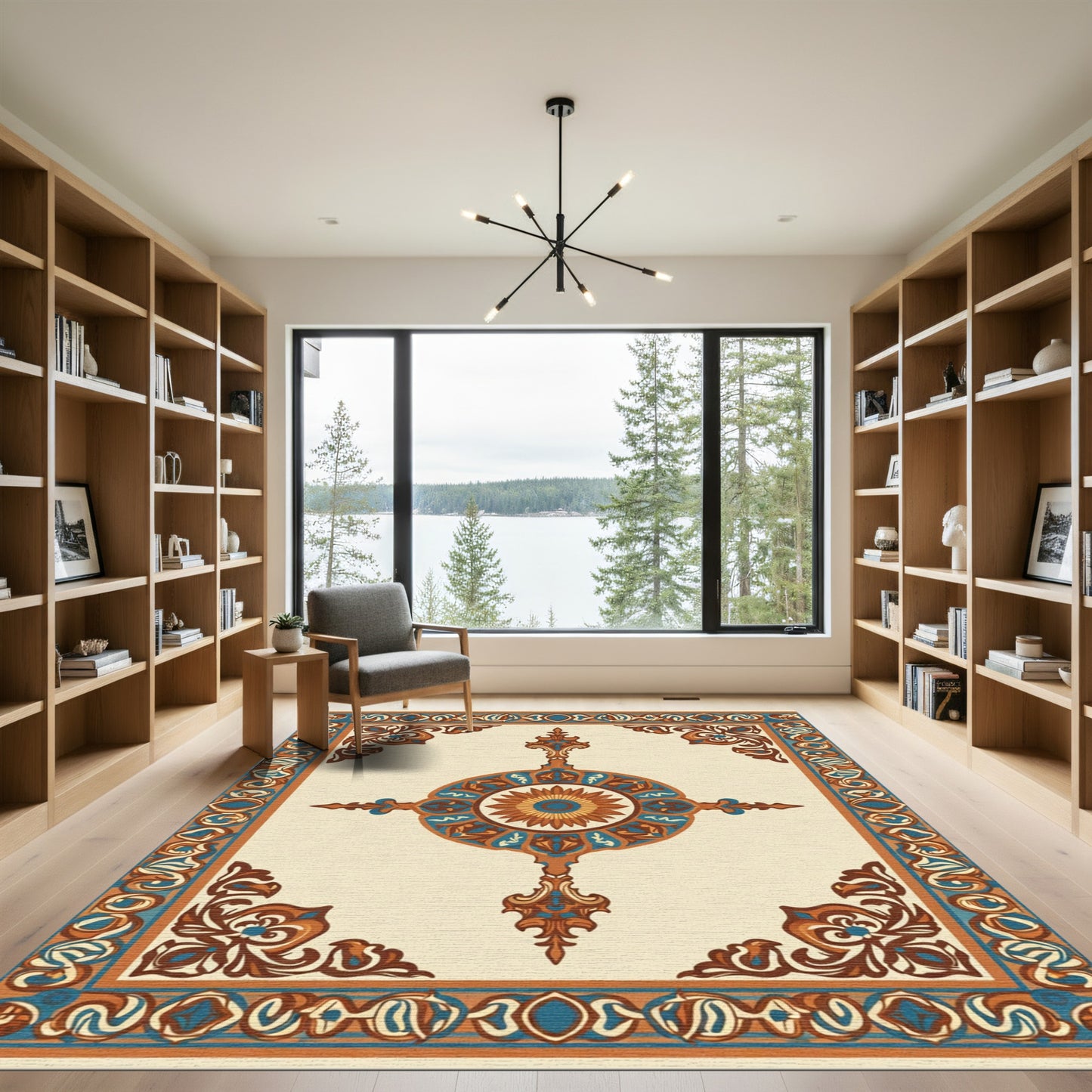 Orange Teal Medallion Floral Border Rug