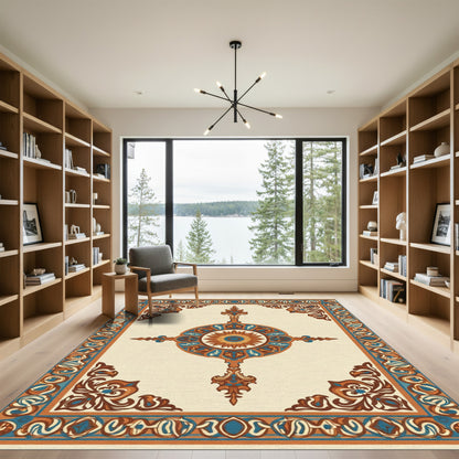 Orange Teal Medallion Floral Border Rug