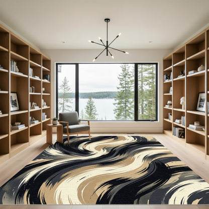Contemporary Black Tan Swirl Rug