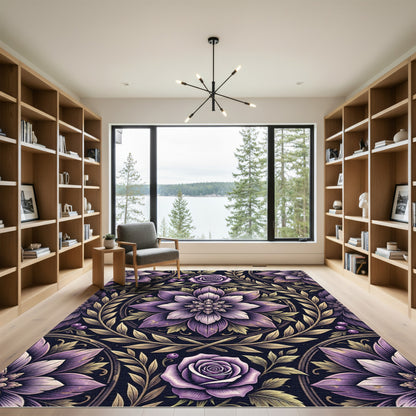 Elegant Lavender Floral Rose Medallion Rug