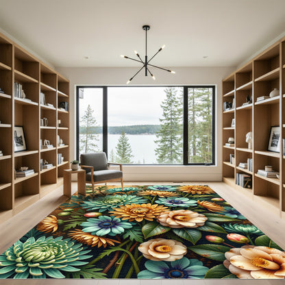 Golden Yellow and Jade Floral Bouquet Rug