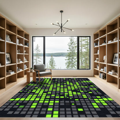 Neon Green Pixel Grid Abstract Rug