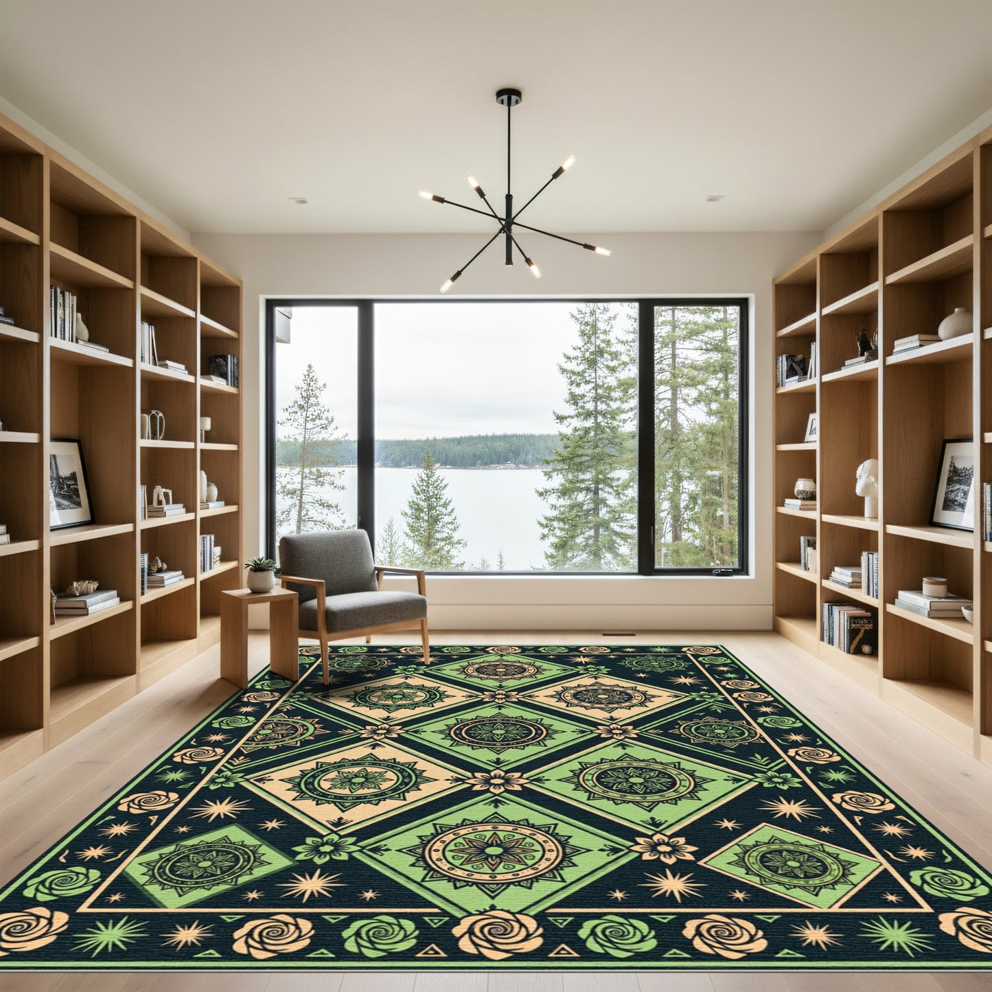 Sage Green Floral Geometric Star Medallion Rug
