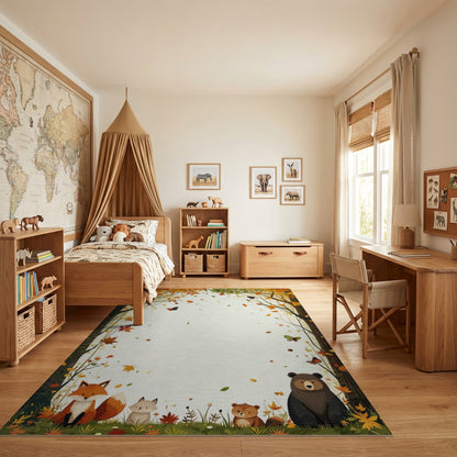 Whimsical Autumn Woodland Fox Bear Rug