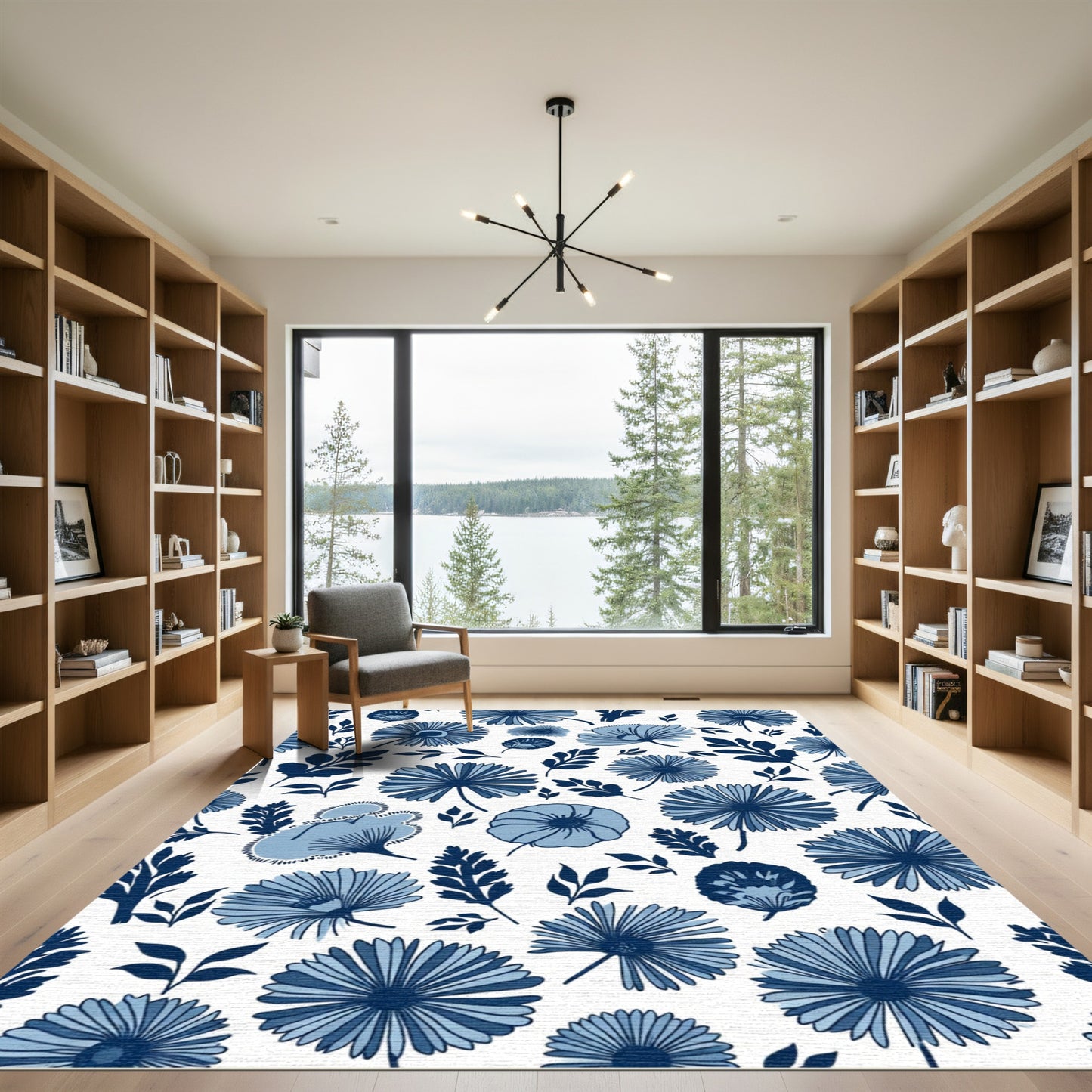 Indigo Blue Floral Botanical Collage Rug
