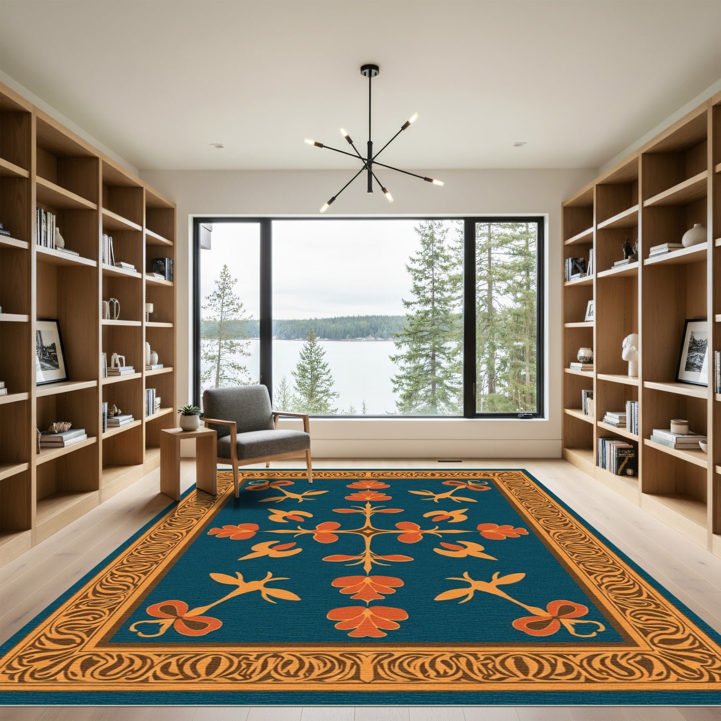 Teal Orange Floral Garden Border Rug