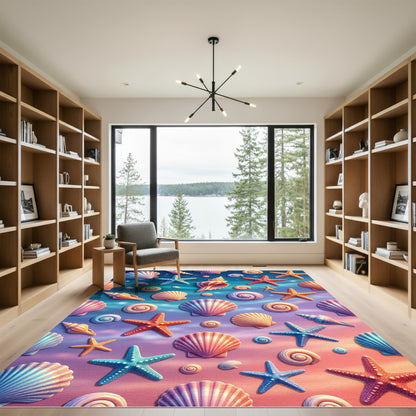 Vibrant Coastal Seashells and Starfish Rug