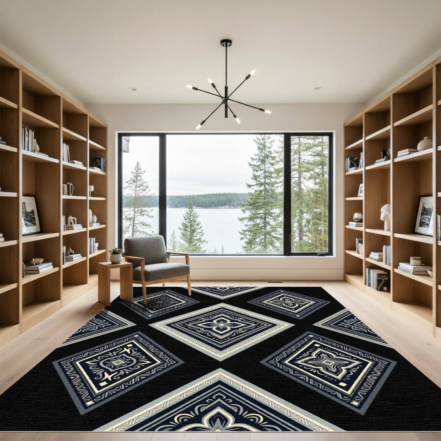 Classic Diamond Medallion Black Cream Grey Rug