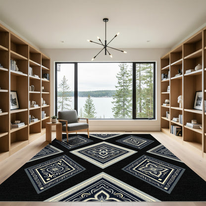 Classic Diamond Medallion Black Cream Grey Rug