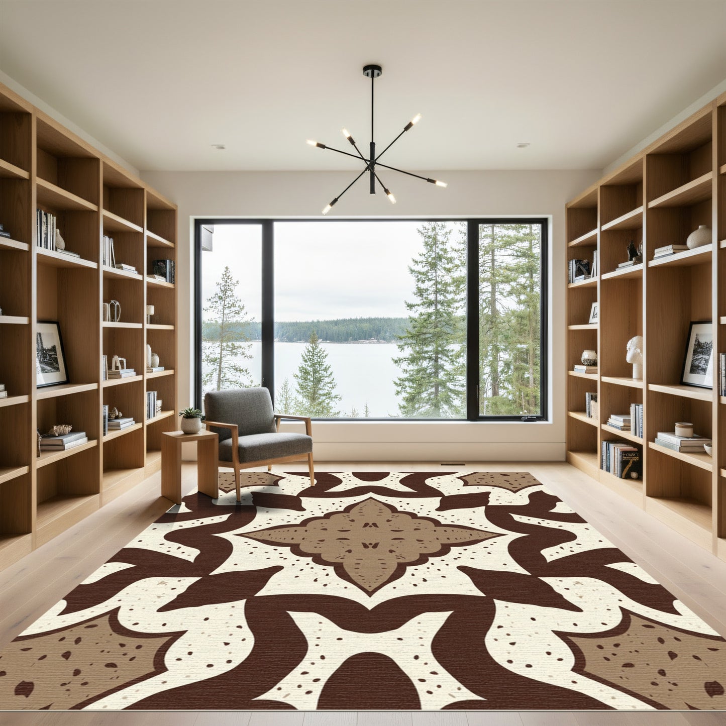 Cream Brown Interlocking Medallion Floral Rug