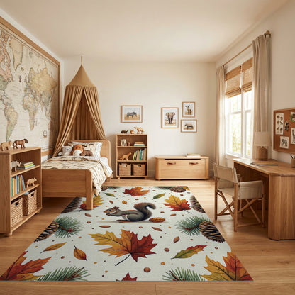 Whimsical Autumn Squirrel Pinecone Leaf Rug