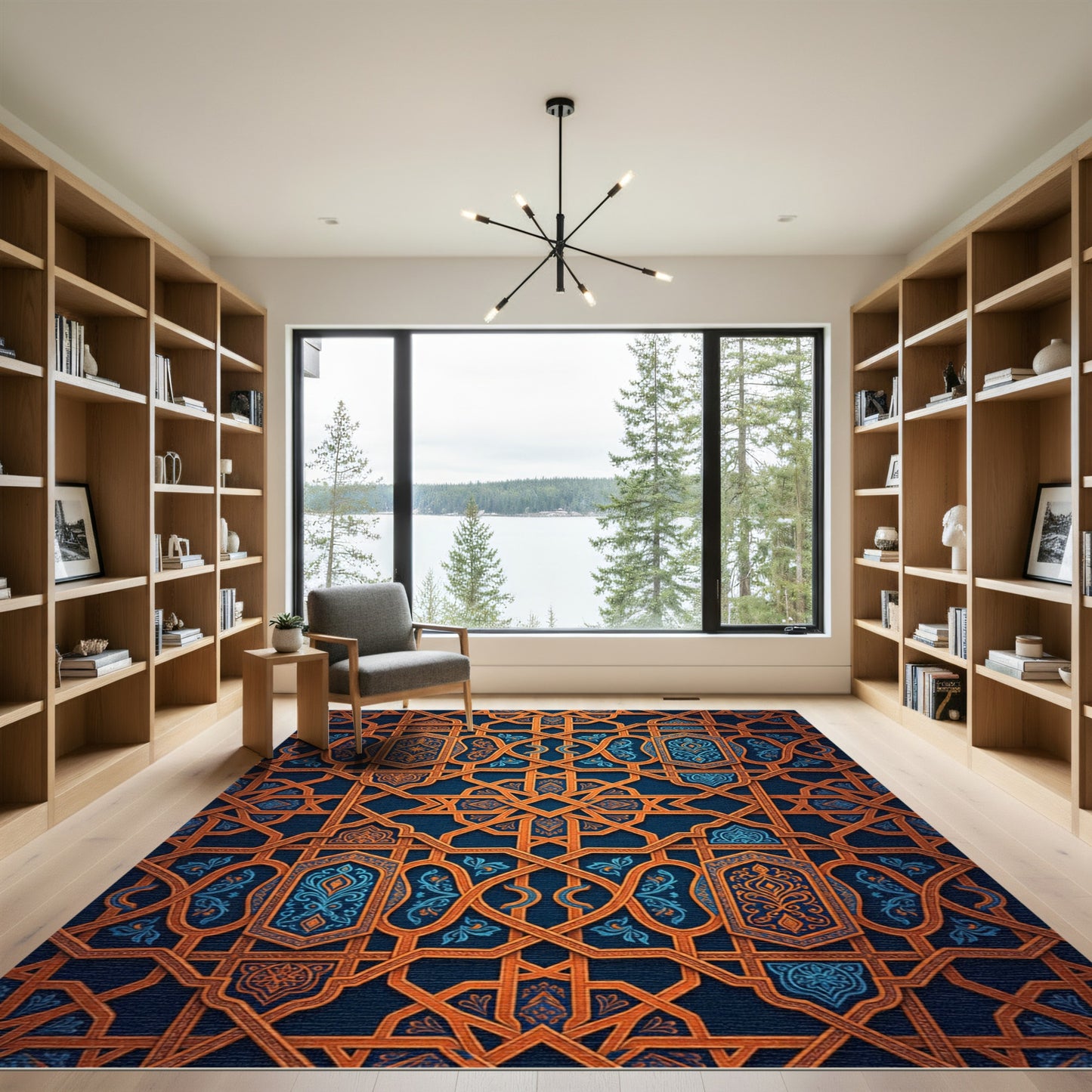 Ornate Copper and Navy Geometric Lattice Rug
