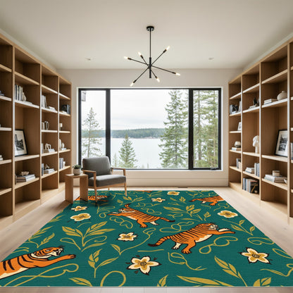 Emerald Tiger Garden Floral Illustration Rug
