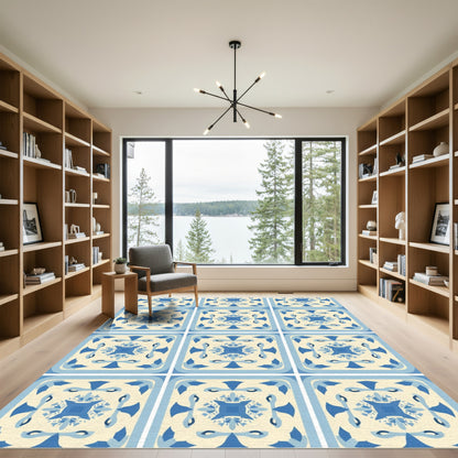 Cerulean Blue Floral Square Medallion Rug