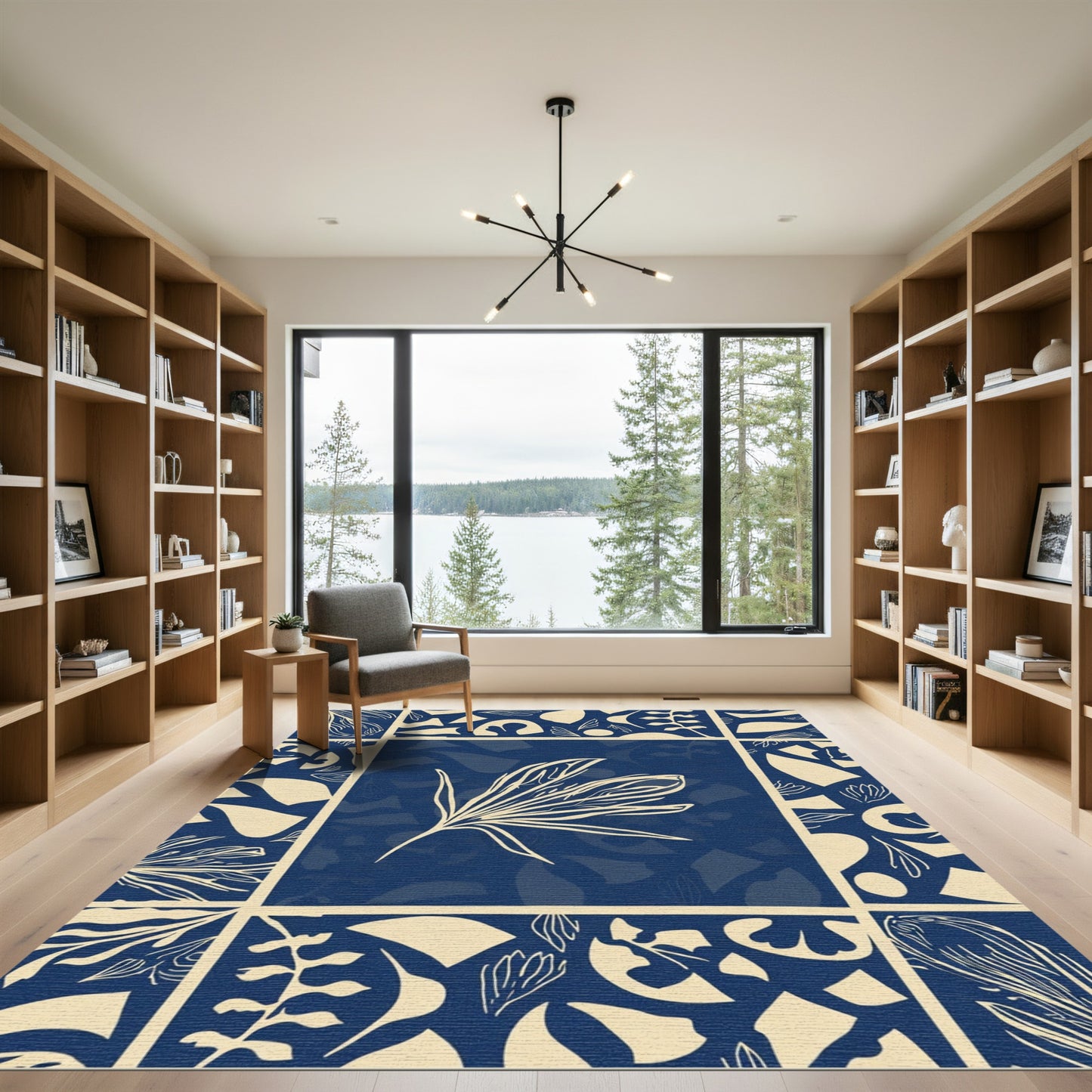 Navy Cream Botanical Leaf Medallion Rug