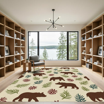 Woodland Bear Fern Forest Scene Rug