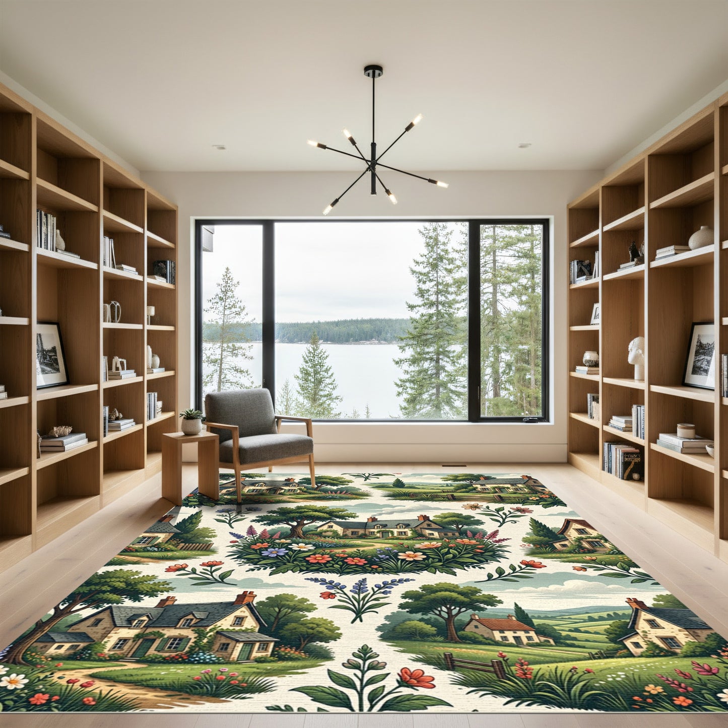 Charming Cottage Garden Floral Country Illustration Rug