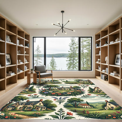 Charming Cottage Garden Floral Country Illustration Rug