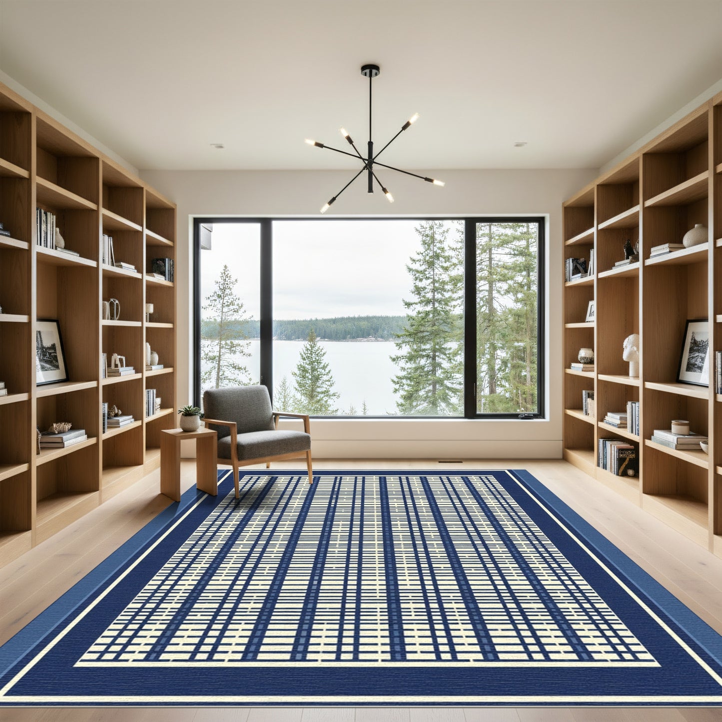Navy Blue Cream Plaid Border Rug