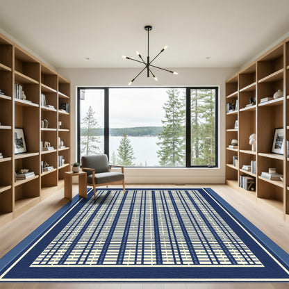 Navy Blue Cream Plaid Border Rug