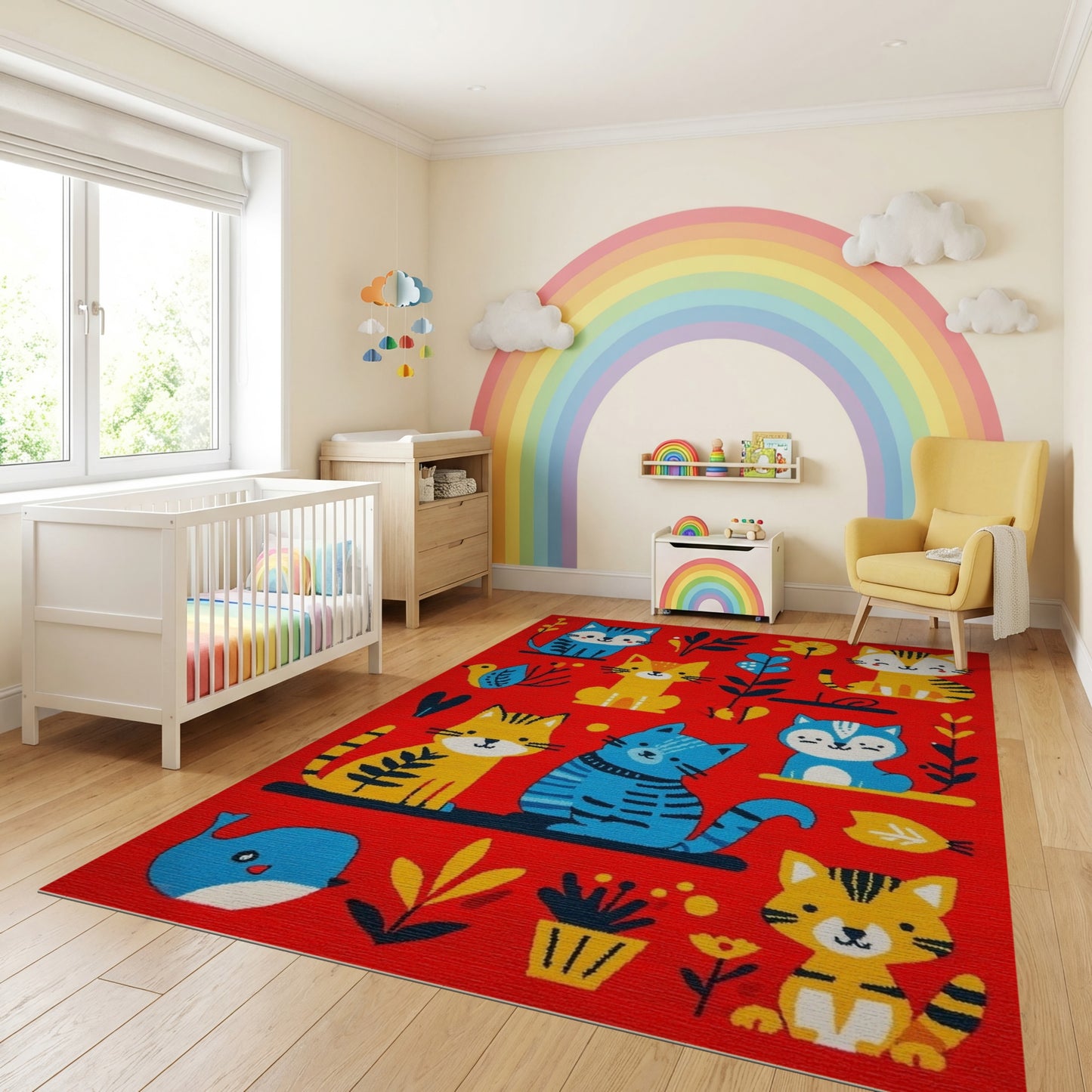 Whimsical Colorful Cats Botanical Rug