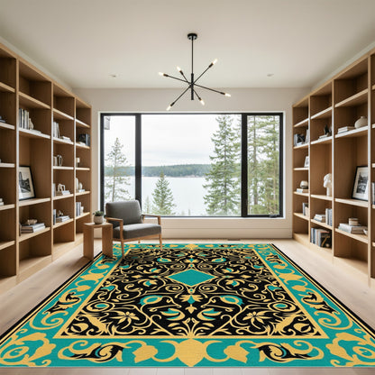 Black Gold Teal Floral Square Rug
