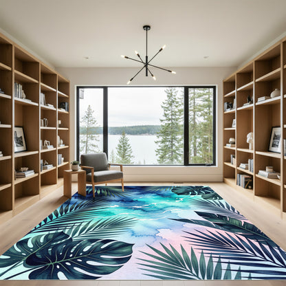 Tropical Blue Watercolor Leaf Embrace Rug