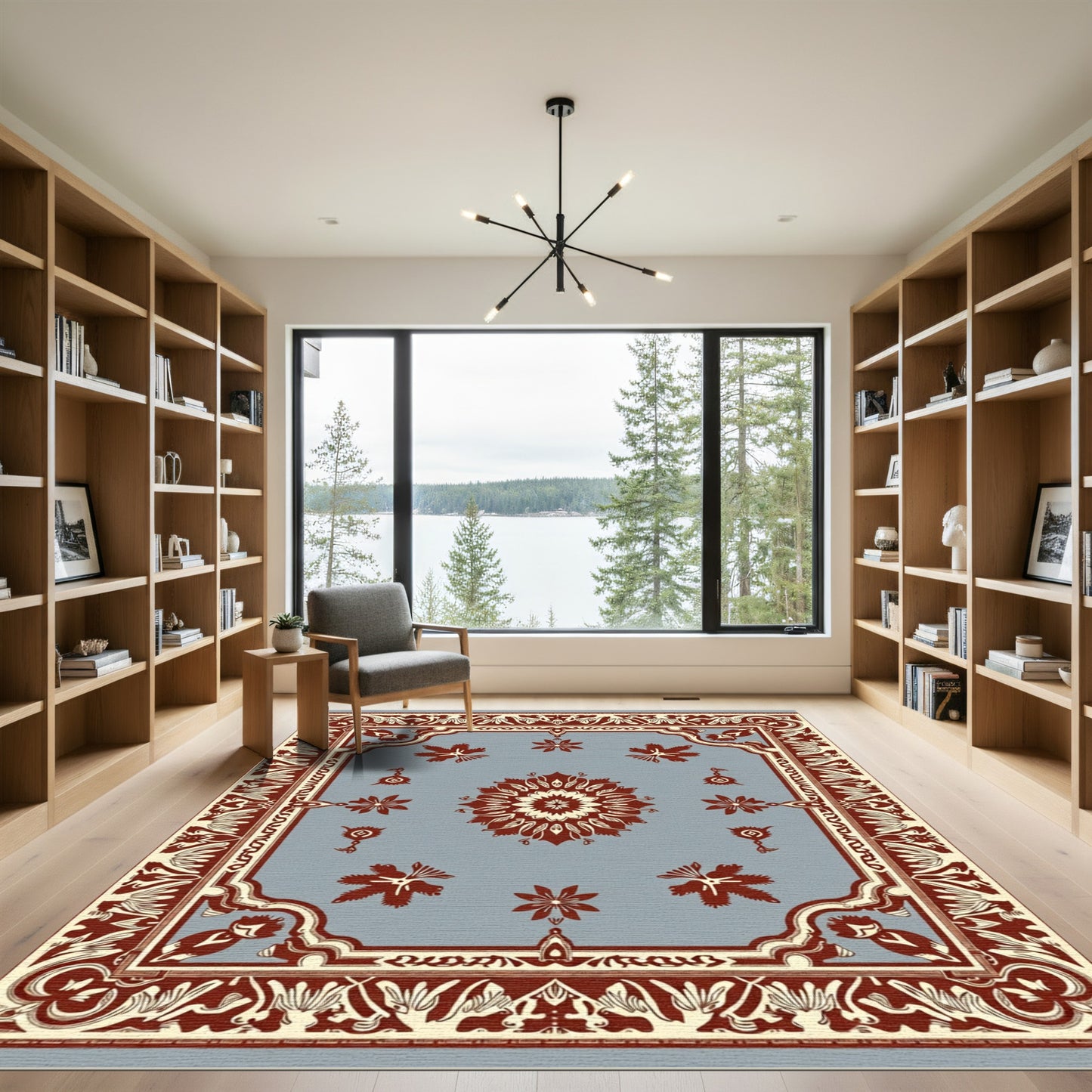 Ornate Crimson Medallion Blue Rug