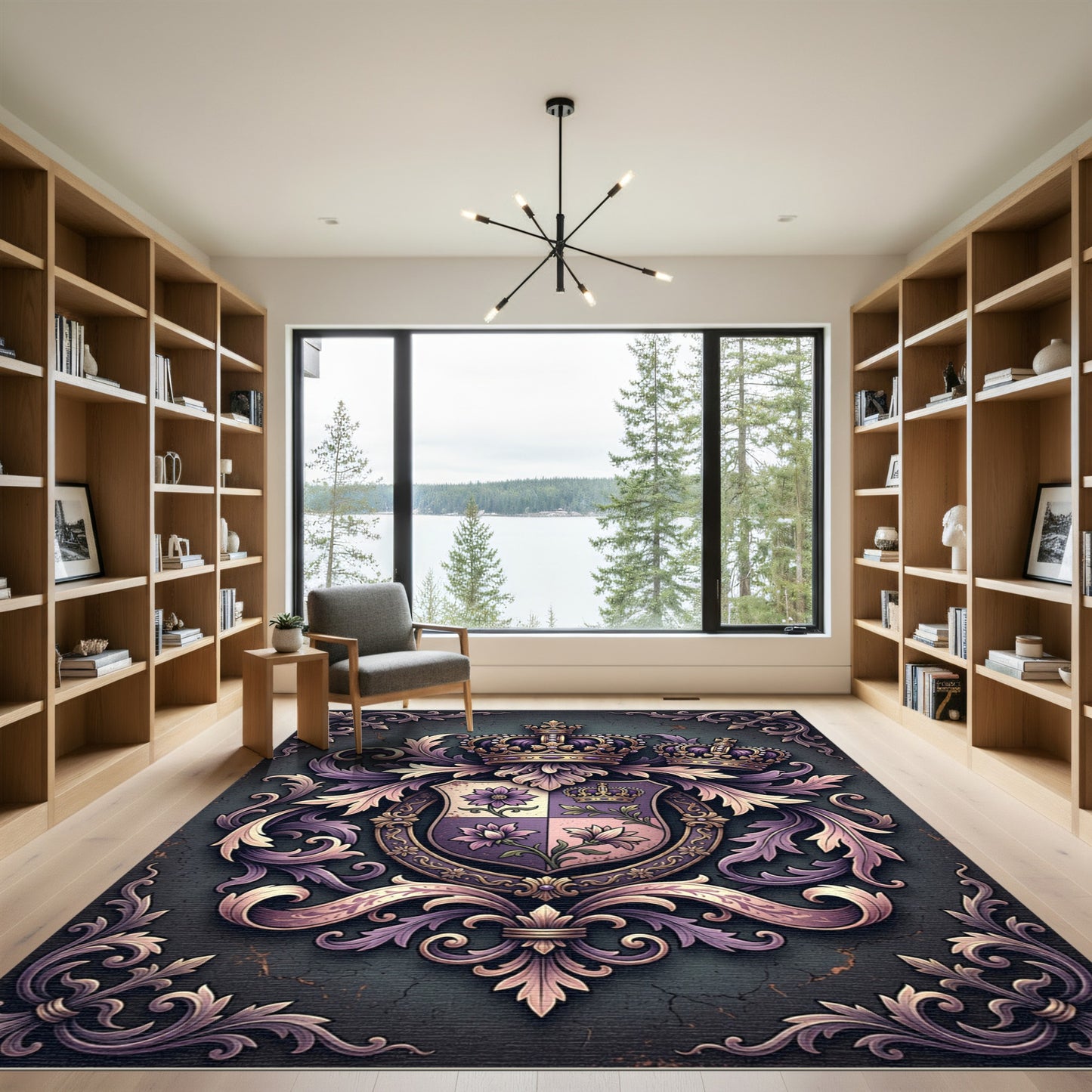 Regal Purple Floral Emblazoned Crest Rug