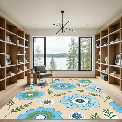 Light Beige Blue Green Folk Floral Rug