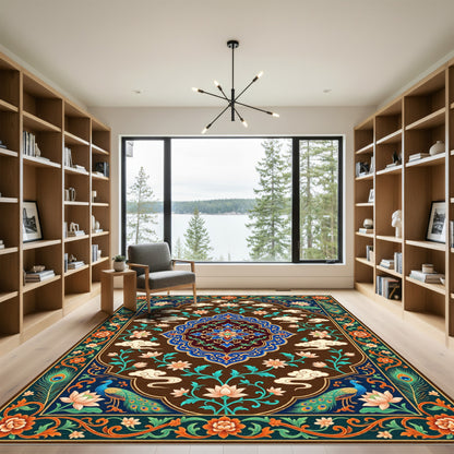 Peacock Lotus Floral Medallion Brown Rug