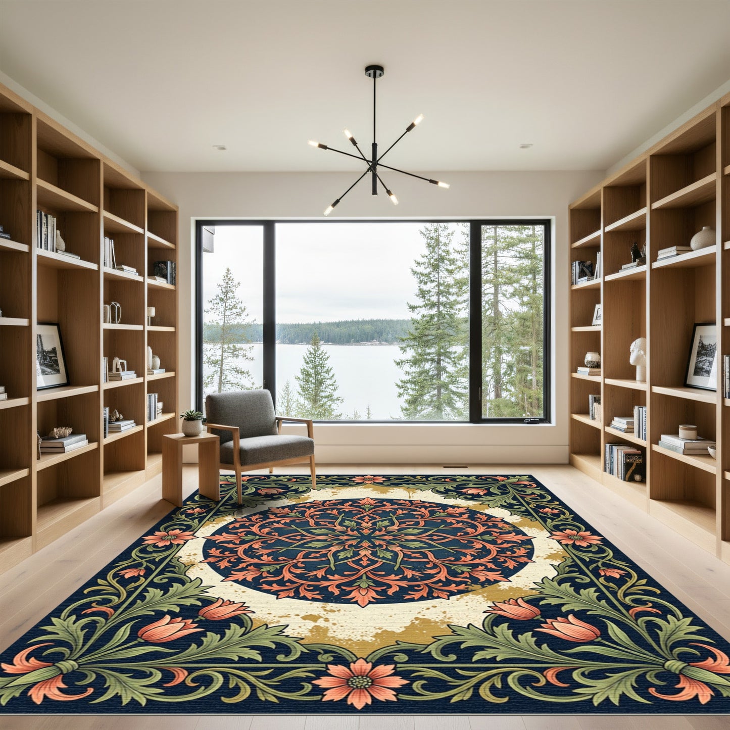 Elegant Navy Floral Mandala Foliage Rug