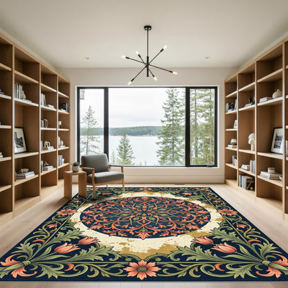 Elegant Navy Floral Mandala Foliage Rug