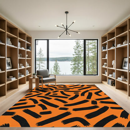 Bold Orange Black Stroke Composition Rug