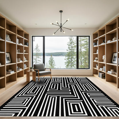 Black and White Maze Lines Rug